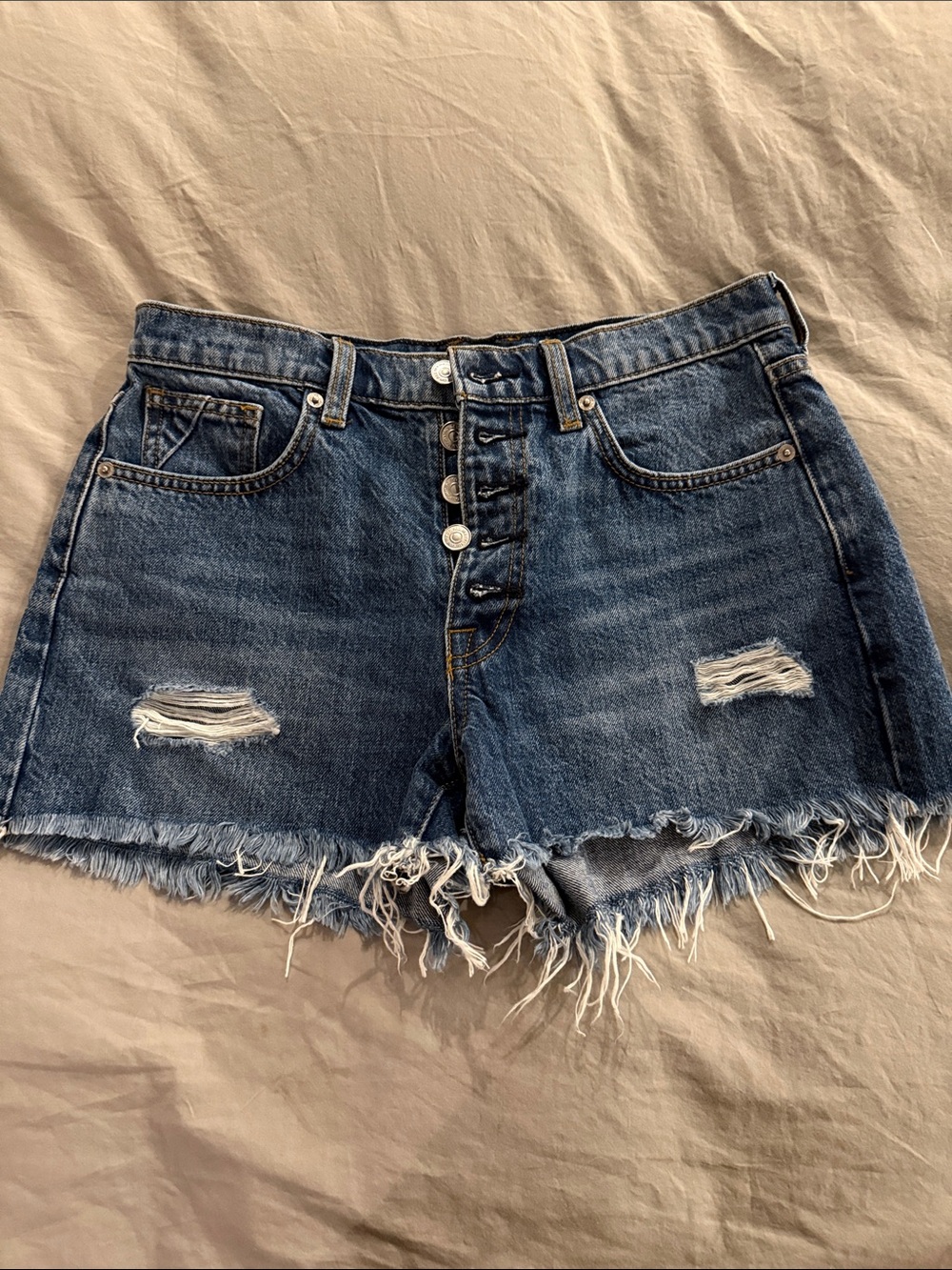 7 For All Mankind Distressed Dark Blue Denim Button-Front Shorts